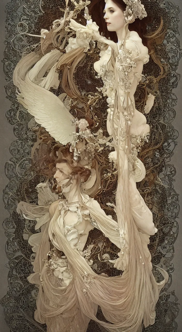 Image similar to “ a female skeleton ivory rococo frontal view, wings lace wear, black background, beautifully lit, hyperdetailed, lighting, by alphonse mucha, by cory loftis, by bastien lecouffe deharme, by rutkowski, by tom bagshaw, 4 k, micro details, 3 d sculpture, structure, 3 0 % pearlescent detailing ”