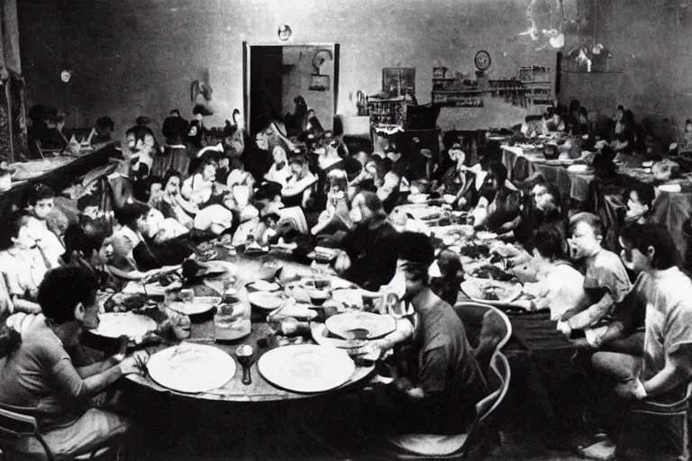 Prompt: photo of a room of people eating soup, the vibe is eerie, the image is low quality, it was found on the deep web.