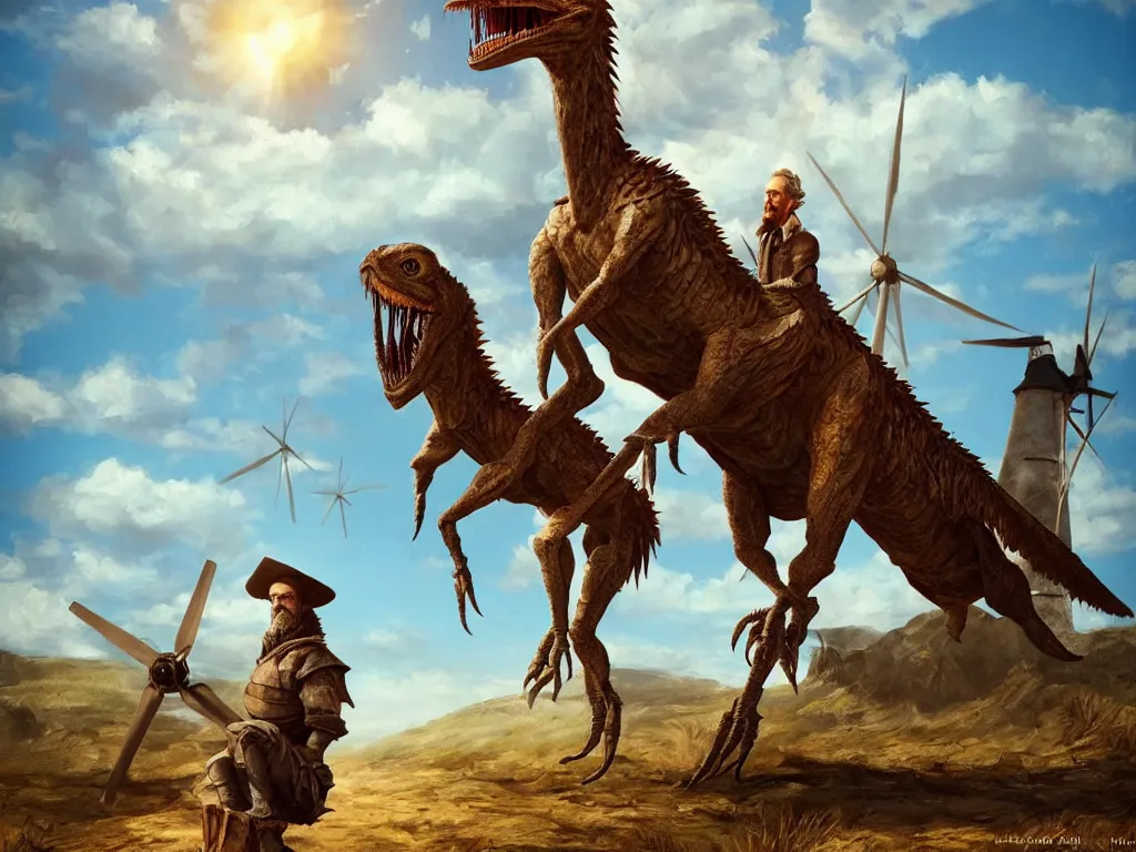 Image similar to portrait of don quixote sitting on a velociraptor in front of a windmill, summer, sun in the zenith, digital art, highly detailed, stunning scene, 4 k, realism, stunning scene, bright colors, trending on artstation, masterpiece