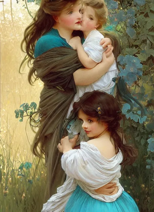 Prompt: a cute little girl with a round cherubic face, blue eyes, and short wavy light brown hair hugging her grandma. she is wearing a turquoise dress. beautiful painting by artgerm and greg rutkowski and alphonse mucha