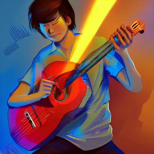 Prompt: a Jake Shimabakuro ukelele guitarist playing so intensely there is electricity shooting out from his guitar, energy beams under his finger tips, and magic sparkles from the freboard, amazing ditial art, trending on artstation, featured on deviantart