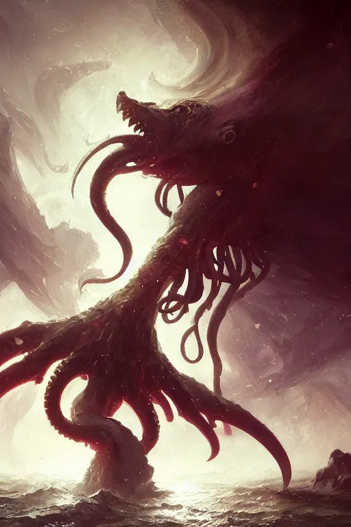 Image similar to cthulhu, eldritch, cosmic, nightmare, ocean, storm, digital art, magic the gathering, mtg, by greg rutkowski, trending on artstation