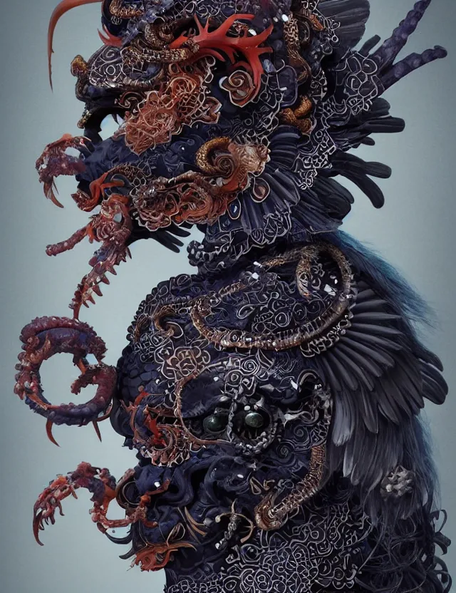 Image similar to 3 d goddess of hell close - up profile portrait with ram skull. beautiful intricately detailed japanese crow kitsune mask and clasical japanese kimono. betta fish, jellyfish phoenix, bio luminescent, plasma, ice, water, wind, creature, artwork by tooth wu and wlop and beeple and greg rutkowski