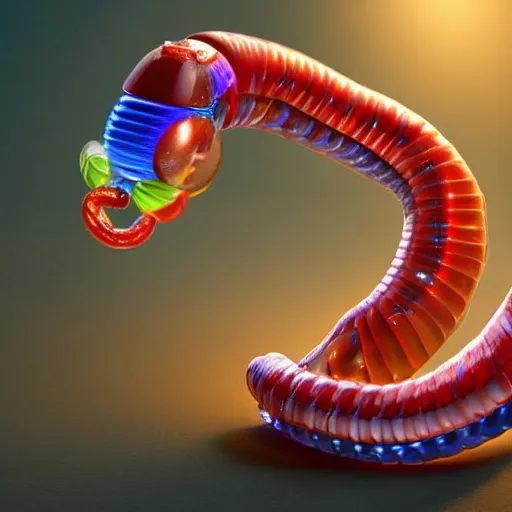 Prompt: a futuristic robotic gummi worm. dramatic product lighting. it's a gummi with extra juiciness. but it's also a worm. ick. in a magical side alley, the worm is sold out of a trendy food truck. digital art, sci - fi, fantasy, fairytale, imax, 4 k.