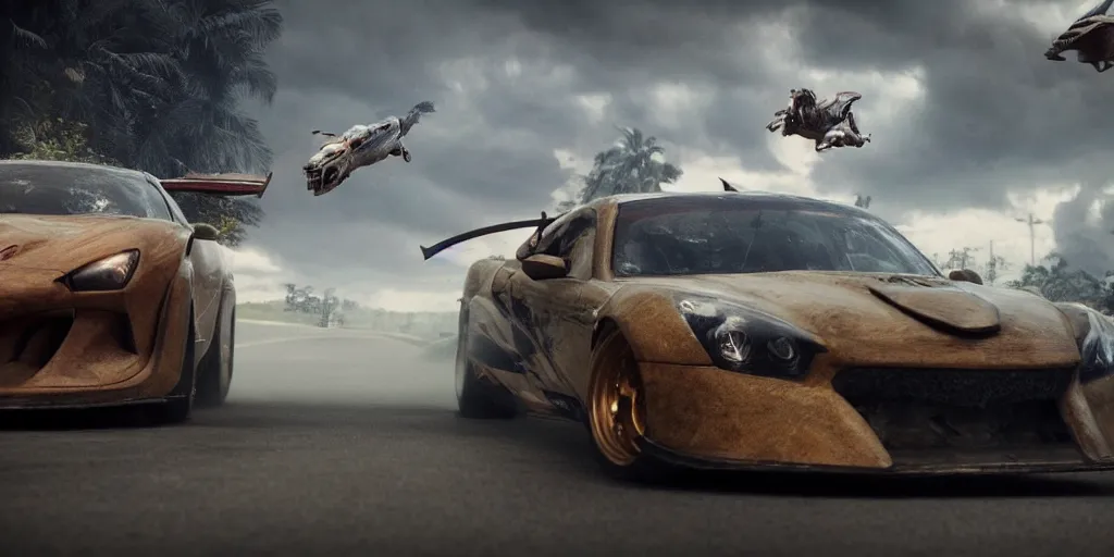 Prompt: a octane render of a the movie need for speed but with dragons no humans , in the style of waya Steurbaut YT, made by Waya Steurbaut YT, photo realistic, cinematic, epic, dark,
