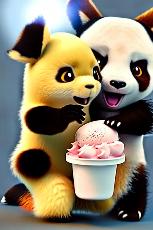 Prompt: high quality 3 d render hyperrealist very cute happy panda & fox hybrid eating ice cream, vray smooth, in the style of detective pikachu, very dramatic light, low angle, uhd 8 k, shallow depth or field
