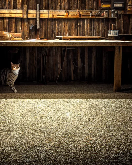 Image similar to style : disco elysium. composition : medium shot. style : digital art ; detailed ; menacing ; 4 k. scenery : the inside of a dark barn ; a faint ray of light is shining through a crack in the planks. subject : a cat hiding behind a workbench ; dark hair ; wearing a white dress.