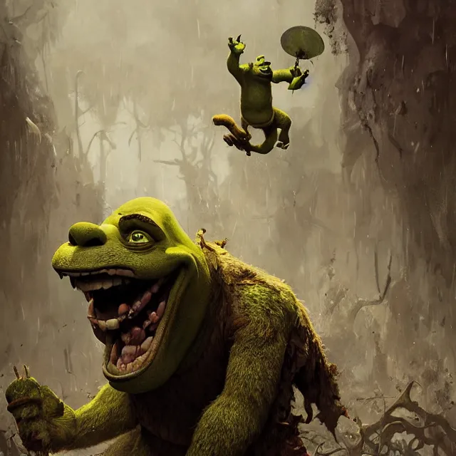 Prompt: monstrous shrek shrieking and gnashing his vicious teeth, art by greg rutkowski