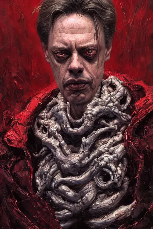 Prompt: Portrait of Steve Buscemi as Carnage, marvel comics, dark, intricate, highly detailed, smooth, artstation, digital illustration by Ruan Jia and Mandy Jurgens and Artgerm and Wayne Barlowe and Greg Rutkowski and Zdislav Beksinski