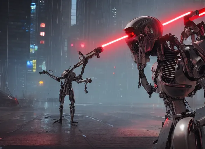 Image similar to 3 5 mm portrait photo of general grievous face with heavy duty biomechanical cybernetic body with 4 arms holding red lightsabers fighting obi wan kenobi in the city in the rain. cyberpunk horror in the style of george lucas. unreal engine render with nanite and path tracing.