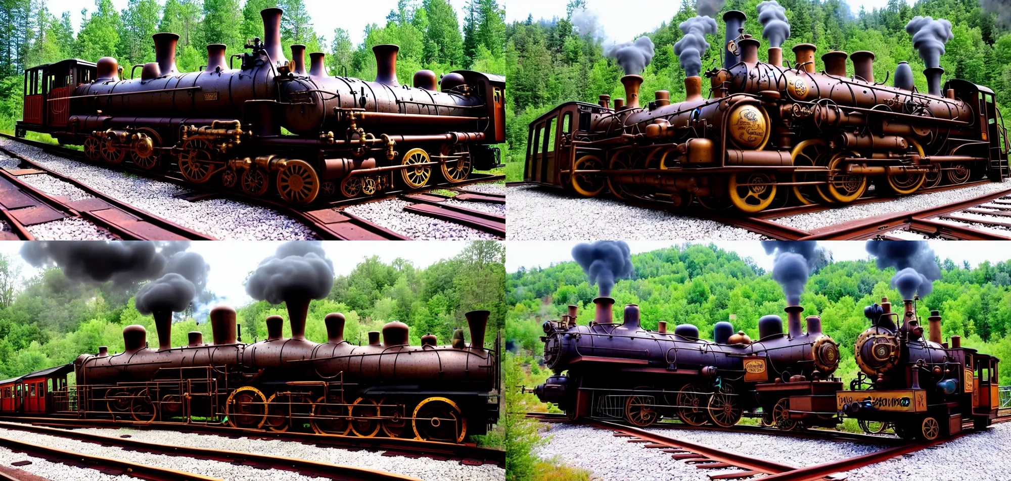 Prompt: Train on steampunk railroad in the 1800's