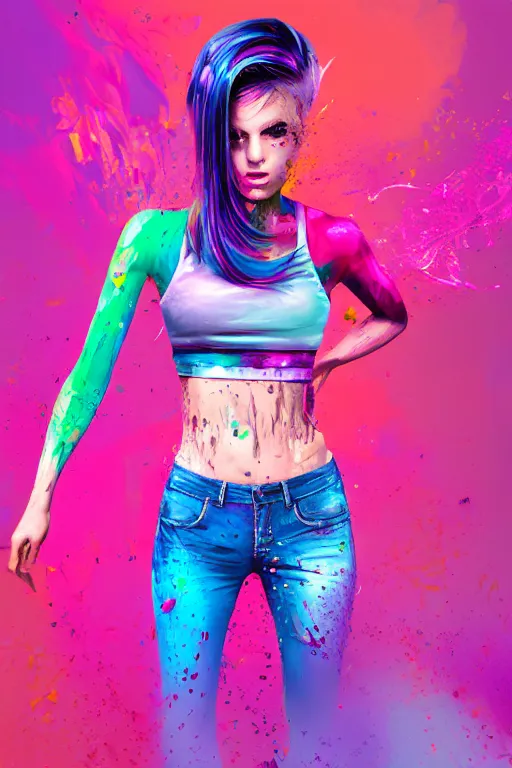 Image similar to a award winning half body porttrait of a beautiful woman in a croptop and cargo pants with ombre purple pink teal hairstyle with head in motion and hair flying, paint splashes, splatter, outrun, vaporware, shaded flat illustration, digital art, trending on artstation, highly detailed, fine detail, intricate