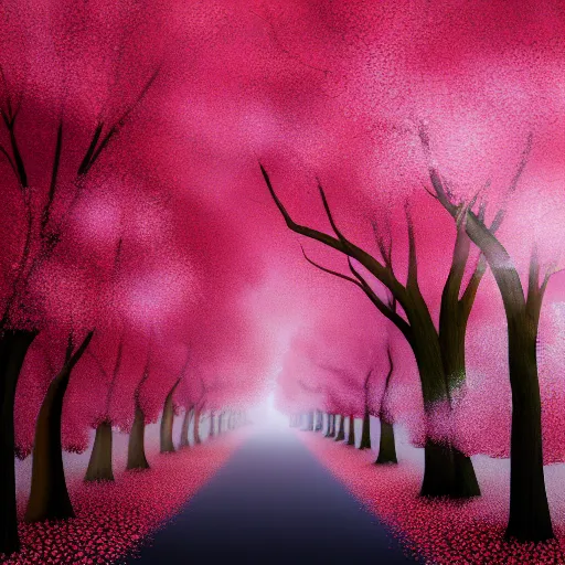 Image similar to road through a cherry tree forest, pellets falling down with the wind, pinkshift render, advanced digital painting, 4k