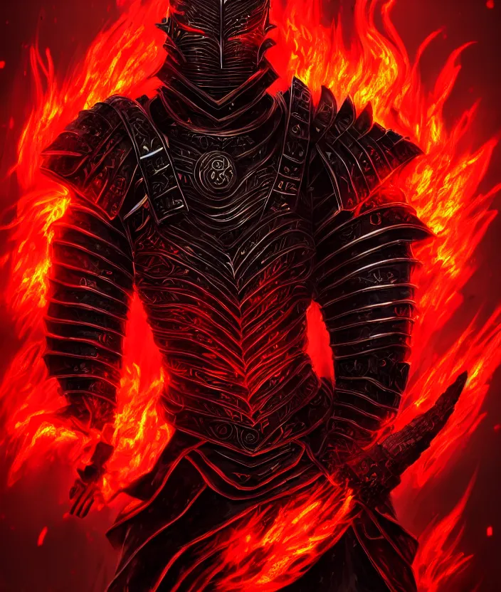 Image similar to a detailed manga portrait illustration of a dark warrior in black plated armour surrounded by red flames, trending on artstation, digital art, 4 k resolution, detailed, octane render, high quality, sharp focus, hq artwork, insane detail, concept art, character concept, character illustration, full body illustration