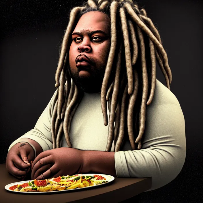 Prompt: hyperrealistic mixed media portrait of a moridly obese black man with dreads being sitting alone at a restaurant, depressing and hopeless vibe, stunning 3d render inspired art by P. Craig Russell and Barry Windsor-Smith + perfect facial symmetry + dim volumetric lighting, 8k octane beautifully detailed render, post-processing, extremely hyperdetailed, epic composition, grim yet sparkling atmosphere, cinematic lighting + masterpiece, trending on artstation