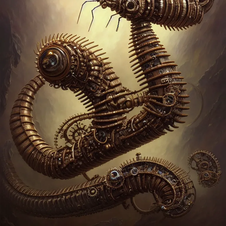 Image similar to steampunk robot millipede, unreal engine realistic render, 8 k, micro detail, intricate, elegant, highly detailed, centered, digital painting, artstation, smooth, sharp focus, illustration, artgerm, tomasz alen kopera, peter mohrbacher, donato giancola, joseph christian leyendecker, wlop, boris vallejo