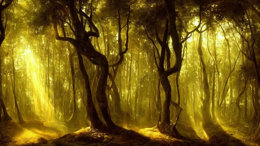 Prompt: A Leonardo da Vinci oil painting of a hauntingly beautiful elven forest in the morning; rays of light coming through the canopy; trending on artstation; extraordinary masterpiece!!!!!!; 8k