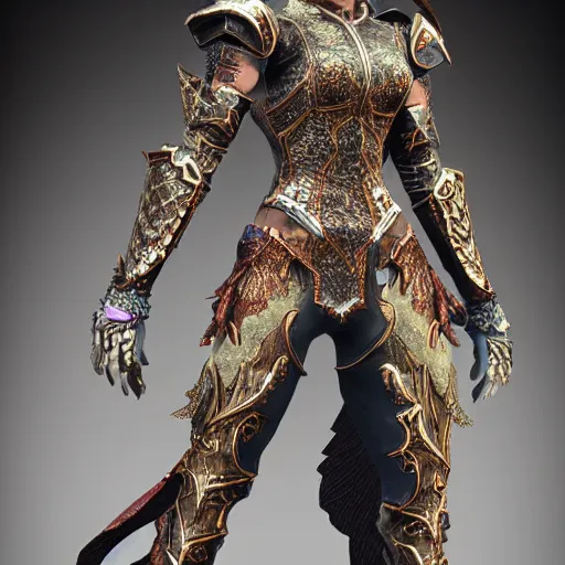 Image similar to concept art of a dragon scale armor dress. bright metallics, ornate detail. in the style of crystal dynamics