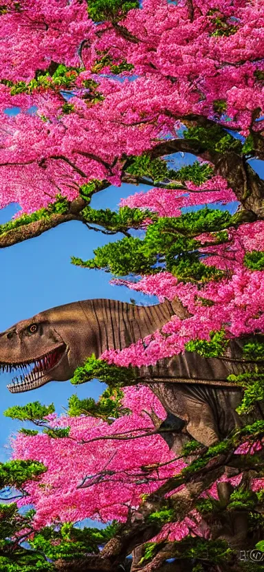 Prompt: “ a portrait photo of tyrannosaurus at a sakura tree, side shot, by professional photographer, 8 k resolution, high quality ”