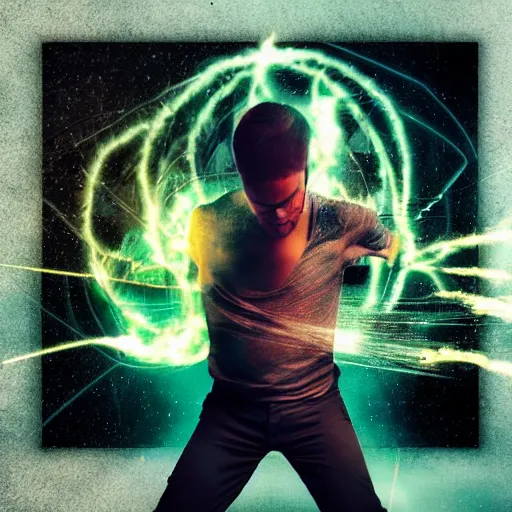 Image similar to man hitting the ground creating a explosion, anime, album cover, musical notes