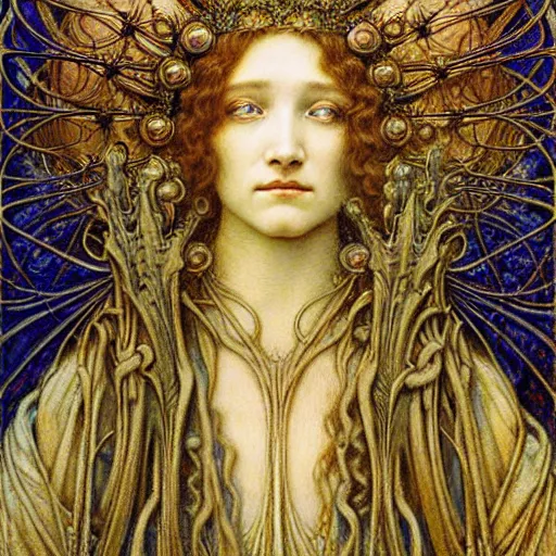 Image similar to detailed realistic beautiful young medieval queen face portrait by jean delville, gustave dore and marco mazzoni, art nouveau, symbolist, visionary, gothic, pre - raphaelite, art forms of nature by ernst haeckel