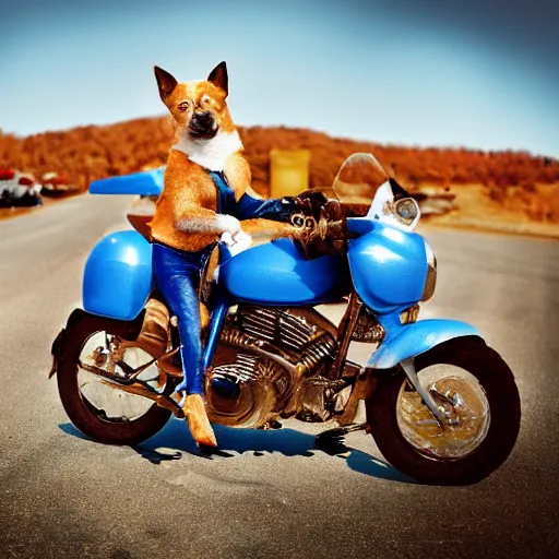 Image similar to blue heeler dog on a motorcycle, 8 k photography, blurred background of a wafflehouse