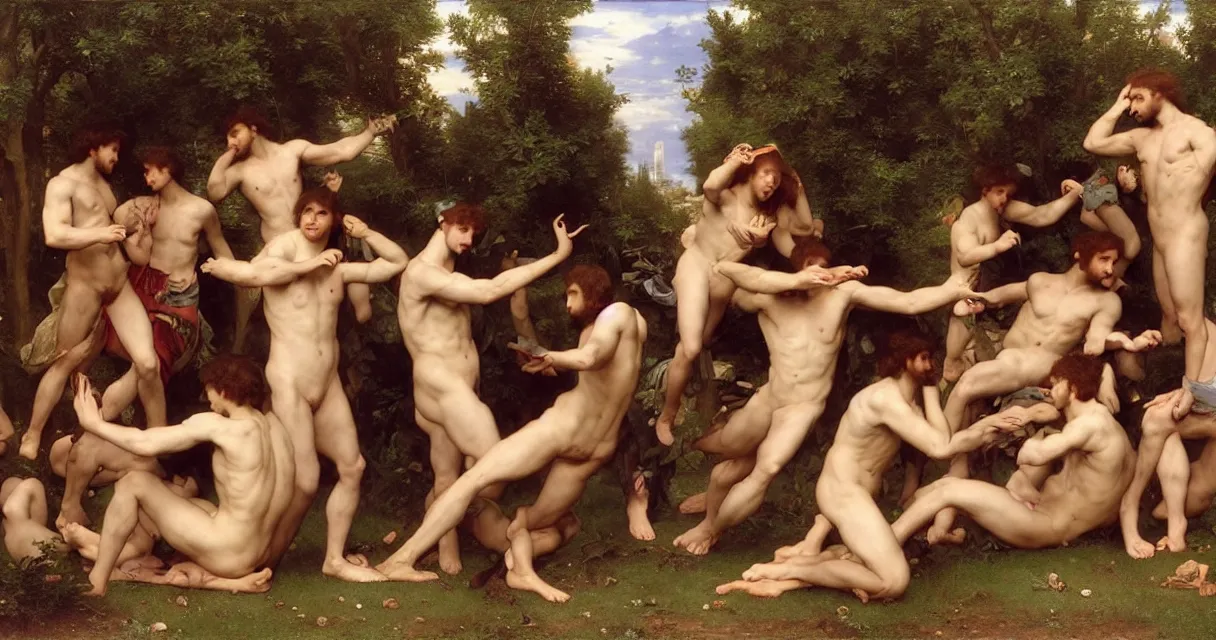 Image similar to large group of pre-Raphaelite muscular athletic male gamers wearing headsets and playing video-games on laptops playstation5 x-box and PC by Bouguereau and raphael