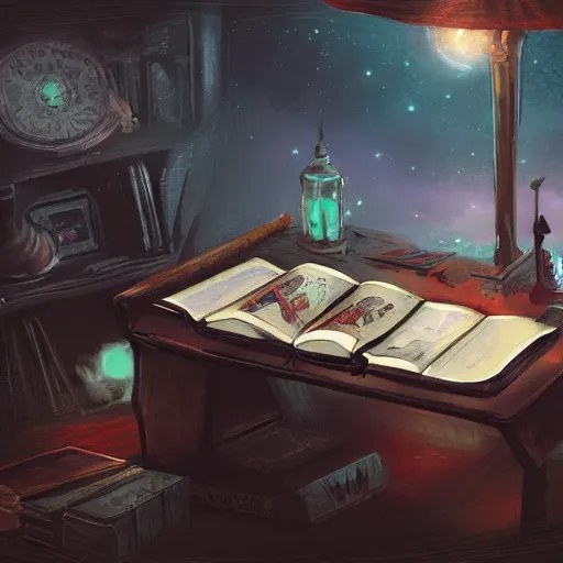 Image similar to concept art of a magic story book on a vintage desk. the space around it is dark. artstation, digital art, cutscene graphic, oil painting, fantasy