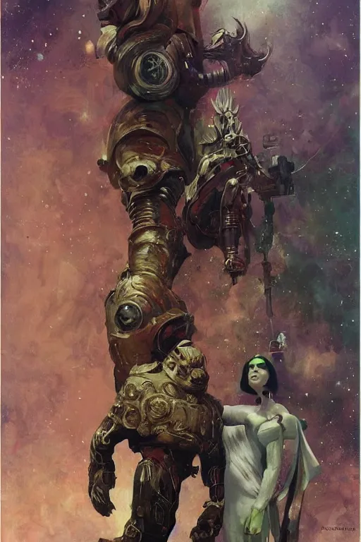 Prompt: full body portrait of gigantic viking demon standing beside elegant space woman in latex spacesuit, by norman rockwell, jack kirby, jon berkey, earle bergey, craig mullins, ruan jia, jeremy mann, tom lovell, marvel, astounding stories, 5 0 s pulp illustration, scifi, fantasy, artstation creature concept