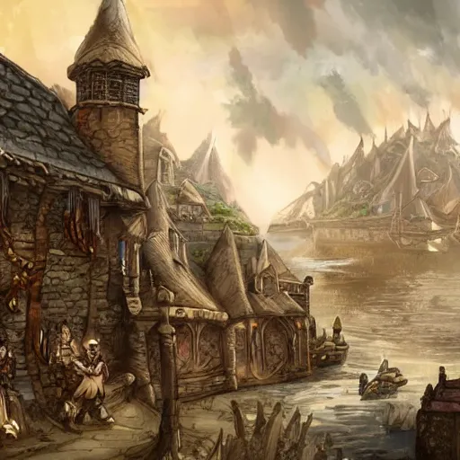 Prompt: sargard, a fantasy harbour city full of slaves and peasants, epic fantasy concept art illustration