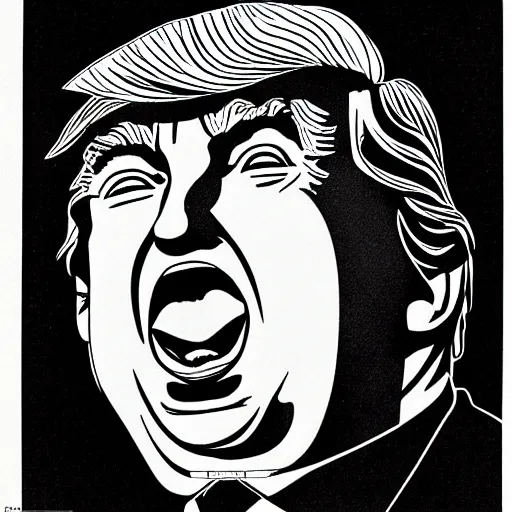 Prompt: close - up portrait of donald trump eating classified documents, by robert crumb, black and white drawing, very intricate