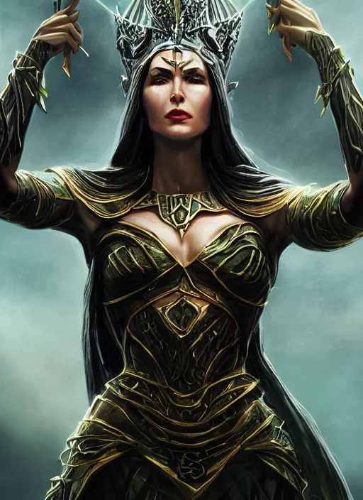 Image similar to hela goddess wearing crown, ultra detailed fantasy, elden ring, realistic, dnd character portrait, full body, dnd, rpg, lotr game design fanart by concept art, behance hd, artstation, deviantart, global illumination radiating a glowing aura global illumination ray tracing hdr render in unreal engine 5