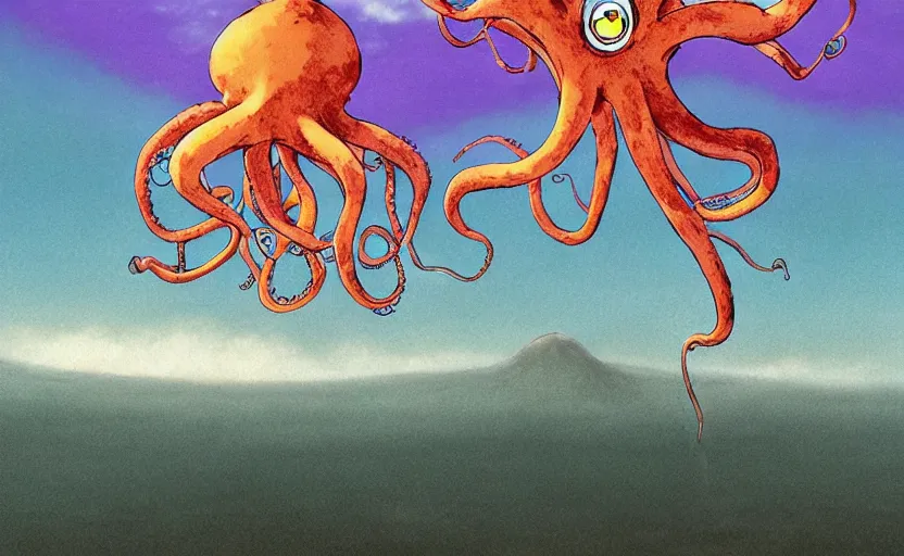 Image similar to a realistic cell - shaded studio ghibli concept art from paprika ( 2 0 0 6 ) of a flying intelligent multi - colored octopus from close encounters of the third kind ( 1 9 7 7 ) and a dimensional portal to another world in a flooded forest valley on a misty starry night. very dull colors, wide shot, hd, 4 k, hq