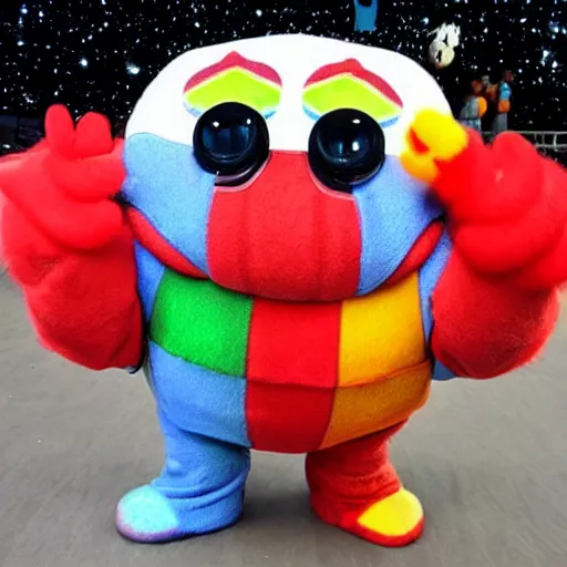 Image similar to tardigrade dressed as a clown, red nose, flying like nyancat