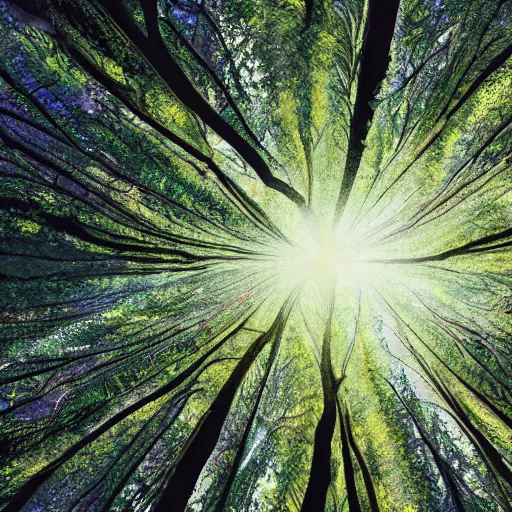 Prompt: looking up at the tops of trees in a forest, an ultrafine detailed painting by ( ( ( jon coffelt ) ) ), shutterstock contest winner, generative art, multiple exposure, fisheye lens, high dynamic range