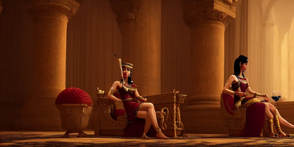 Image similar to painting of Cleopatra drinking wine on her throne, hyper-realistic, Unreal Engine, Octane Render, digital art, trending on Artstation, 8k, detailed, atmospheric, immaculate
