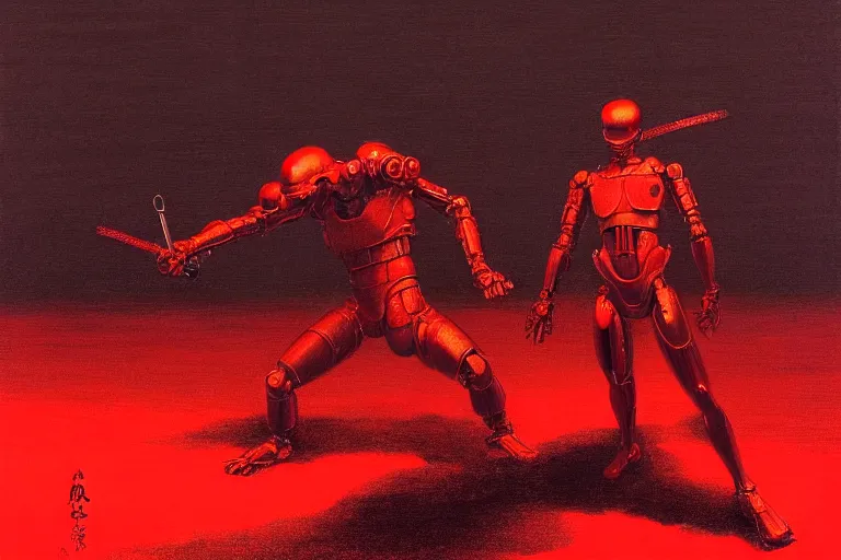 Image similar to only with red, a red cyborg samurai, tokio futuristic in background, some evil yokai fight, in the style of beksinski, parts by edward hopper, parts by rodcenko, parts by yue minjun, intricate and epic composition, red by caravaggio, insanely quality, highly detailed, masterpiece, red light, artstation, 4 k