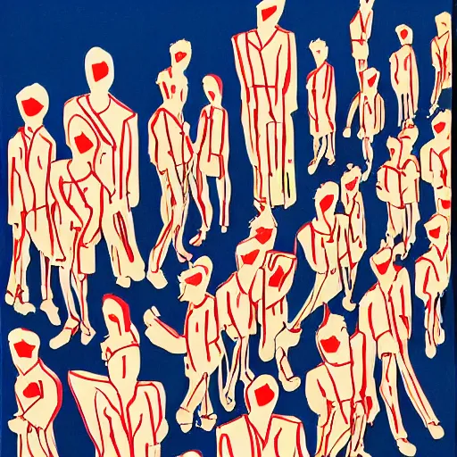 Image similar to screen printing, gouache by toshio saeki, by asger jorn dynamic. a beautiful installation art of a group of people standing in a line. they are all facing the same direction & appear to be waiting for something.