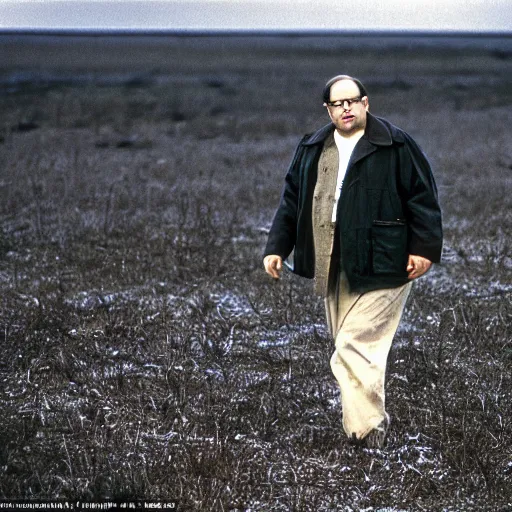 Image similar to george costanza in a barren wasteland, shot by andrei tarkovsky in his film stalker