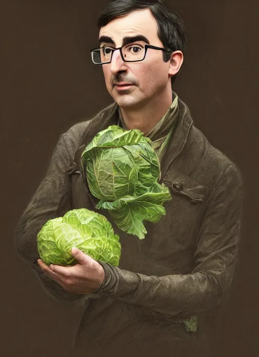 Image similar to a portrait of john oliver holding a cabbage, farm, stoic, fantasy, intricate, elegant, beautiful, highly detailed, charcoal, centered, dark, smokey, digital painting, artstation, concept art, smooth, sharp focus, illustration, art by artgerm and greg rutkowski and alphonse mucha