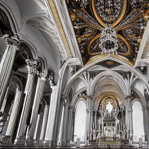 Prompt: white and silver interior of a majestic basilica in ornate Rocco style, high definition, award winning