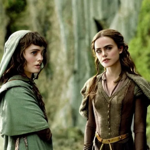 Prompt: Keira Knightley and Emma Watson as elves in lord of the Rings