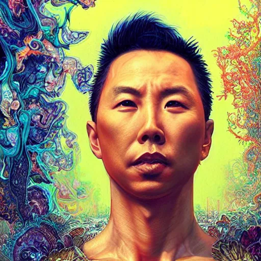 Prompt: portrait of donnie yen, hyper detailed masterpiece, neon floral pattern, jean giraud, digital art painting, darkwave goth aesthetic, psychedelic, artgerm, donato giancola and tom bagshaw