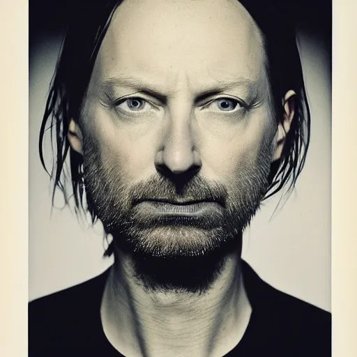 Image similar to Radiohead, with a beard and a black shirt, a computer rendering by Martin Schoeller, cgsociety, de stijl, uhd image, tintype photograph, studio portrait, 1990s, calotype