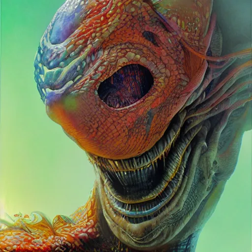 Image similar to a simple concept art portrait of a predatory alien species. an award winning yoshitaka amano digital art poster color painting. a masterpiece by james gurney. poster colour on canvas.