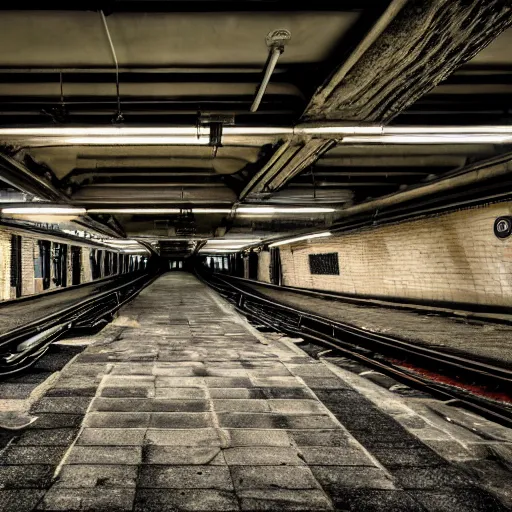 Image similar to abandoned london underground station, platform, haunting, beautiful, photorealistic, extreme detail, sharp focus, 4 k, award winning,