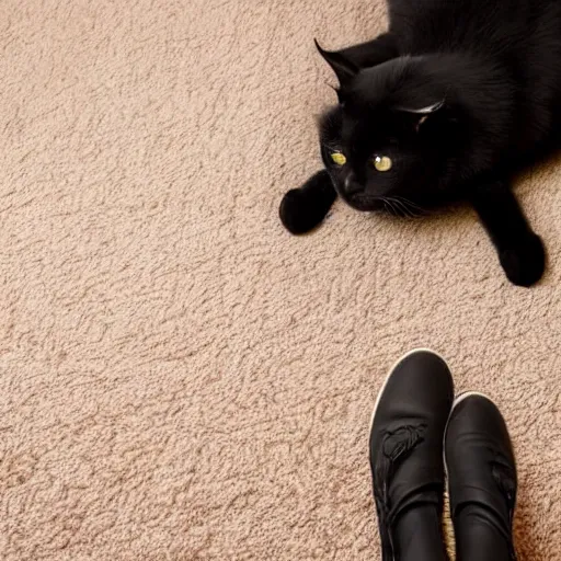 Prompt: a black cat splooting on a cream carpet in front of a brown couch with its eyes unfocused and its tongue out, photography, realistic, cute, adorable