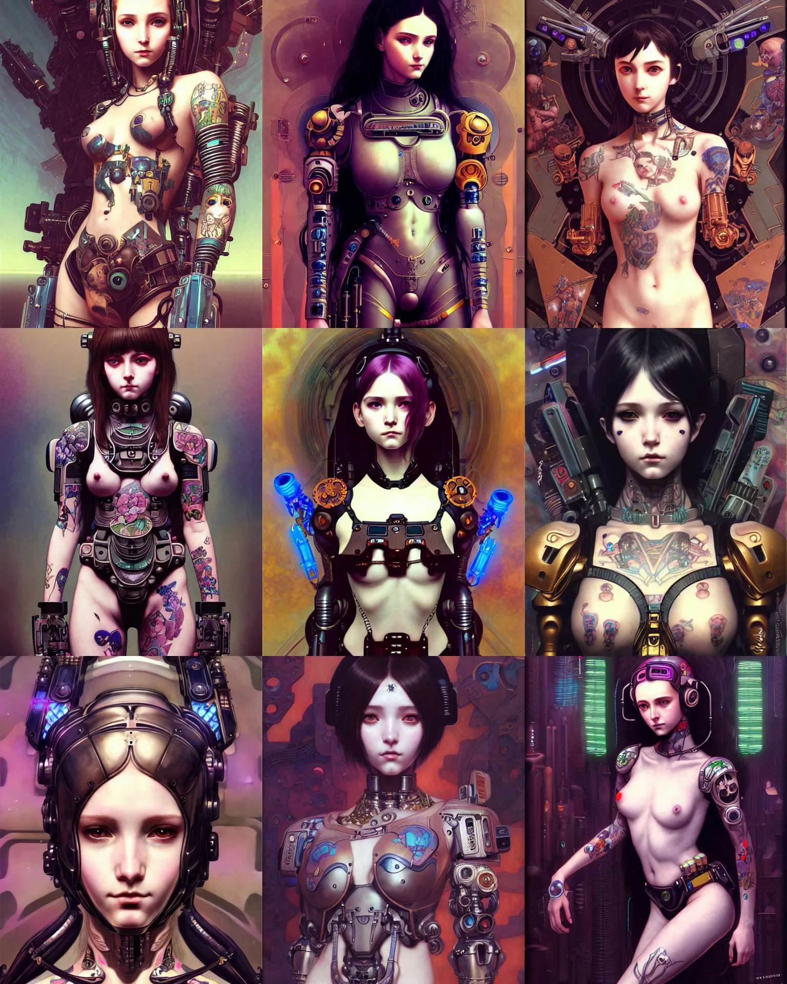 Prompt: portrait of beautiful cute cyberpunk maiden girl in tattoos in warhammer mechanical armor, high details, art by ( ( ( kuvshinov ilya ) ) ) and wayne barlowe and gustav klimt and artgerm and wlop and william - adolphe bouguereau