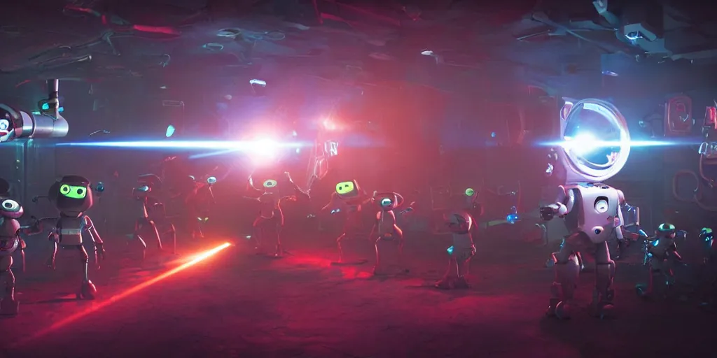 Image similar to a cinematic still of a laser tag game between robots, pixar monsters, and astronauts cinematography by Denis Villeneuve volumetric lighting