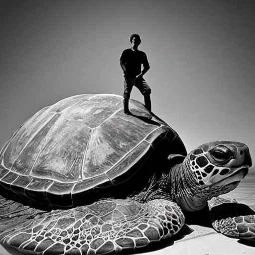 Image similar to award wining photograph of a man standing on a giant, enormous, very big turtle